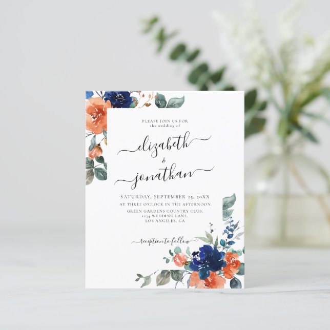 Burnt Orange Navy Floral Budget Einladung Hochzeit (Stehend Vorderseite)