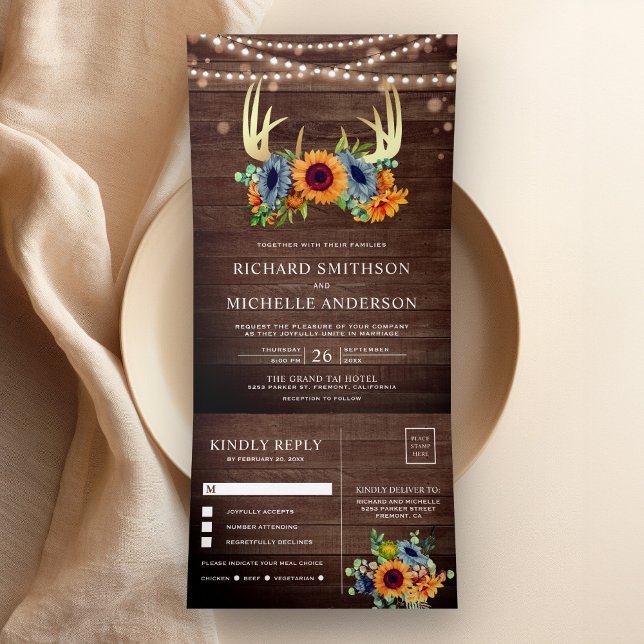Burnt Orange Navy Sonnenblumen Antler Wood Wedding Dreifach Gefaltete Einladung (Von Creator hochgeladen)