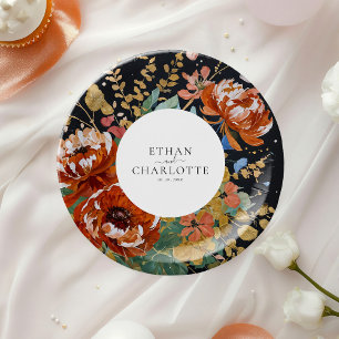 Burnt Orange Peonies Bloral Painting Gold Hochzeit Pappteller