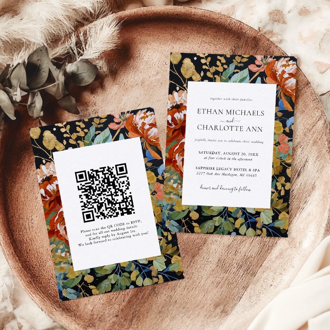 Burnt Orange Peony Floral Painting QR Code Hochzei Einladung (Von Creator hochgeladen)