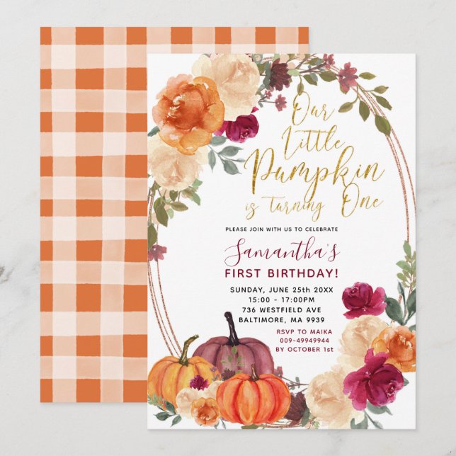 Burnt Orange Pumpkin Birthday Einladung (Vorne/Hinten)