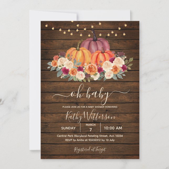 Burnt Orange Pumpkin Floral Baby Shower Wood Einladung (Vorderseite)