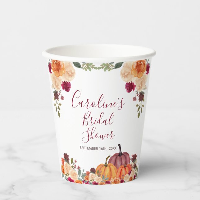 Burnt orange Pumpkin Floral Brautparty White Pappbecher (Vorderseite)