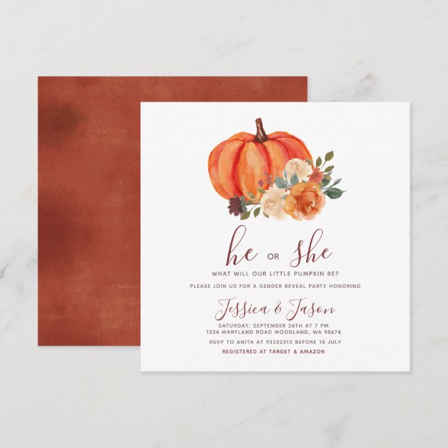 Burnt Orange Pumpkin Gender Reveal Party Einladung (Vorne/Hinten)