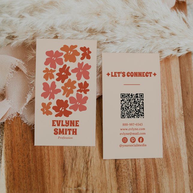Burnt Orange QR Code Groovy Floral Terracotta Boho Visitenkarte (Von Creator hochgeladen)
