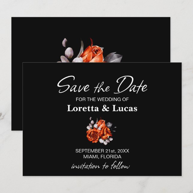 Burnt Orange Rose Floral Black Wedding Save The Date (Vorne/Hinten)