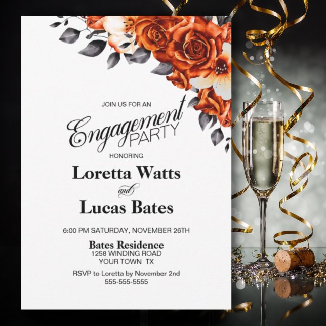Burnt Orange Rose Floral Engagement Party Einladung (Von Creator hochgeladen)