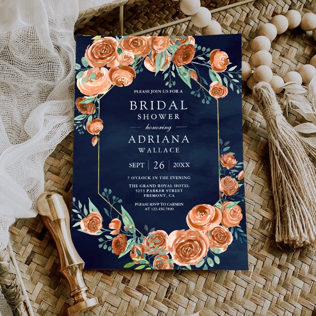 Burnt Orange Rose Floral Navy Blue Brautparty Einladung (Von Creator hochgeladen)