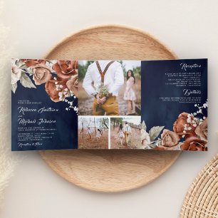 Burnt Orange Rose Foto Collage Navy Blue Wedding Dreifach Gefaltete Einladung