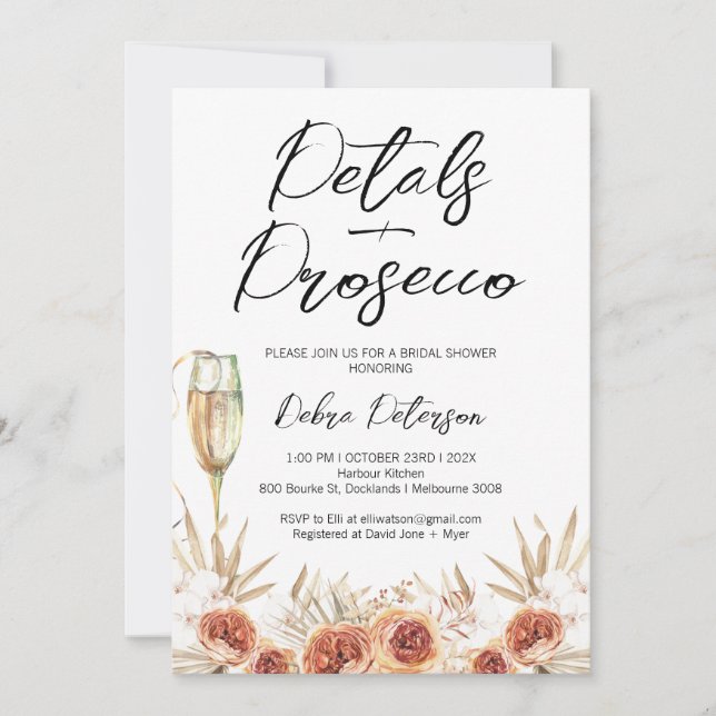 Burnt Orange Rose Petals Prosecco Brautparty Einladung (Vorderseite)