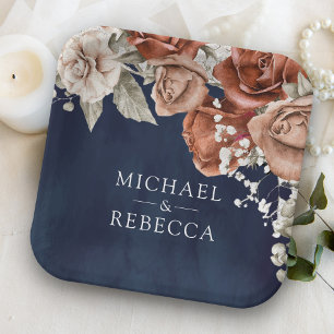 Burnt Orange Rose Terracotta Floral Navy Hochzeit Pappteller