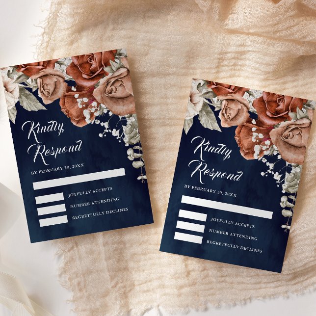 Burnt Orange Rose Terracotta Floral Navy Hochzeit RSVP Karte (Von Creator hochgeladen)