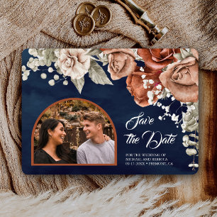 Burnt Orange Rose Terracotta Floral Navy Hochzeit Save The Date