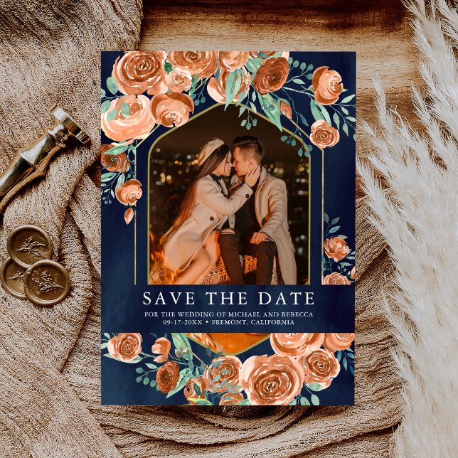 Burnt Orange Rose Terracotta Floral Navy Hochzeit Save The Date (Von Creator hochgeladen)