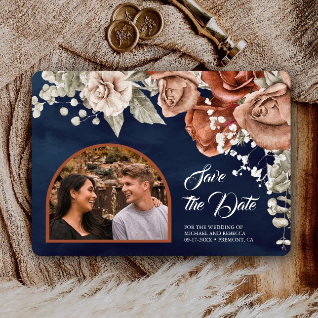 Burnt Orange Rose Terracotta Floral Navy Hochzeit Save The Date (Von Creator hochgeladen)