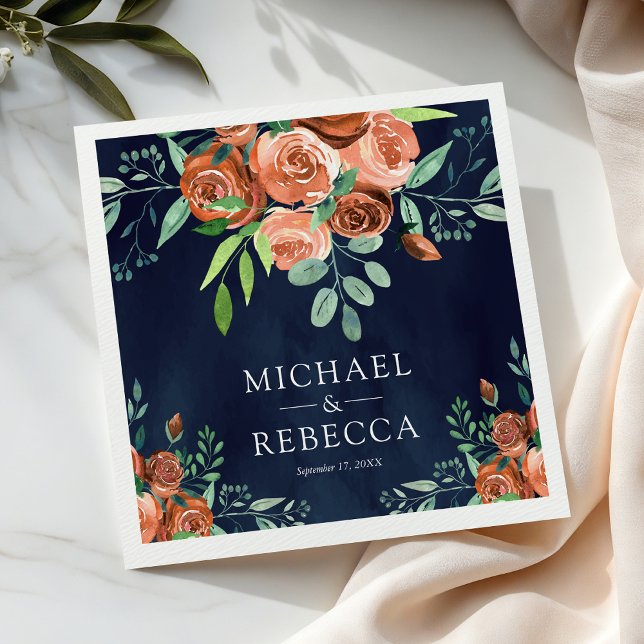 Burnt Orange Rose Terracotta Floral Navy Hochzeit Serviette (Von Creator hochgeladen)