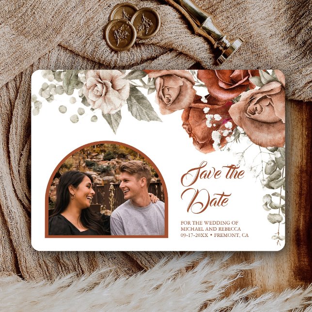 Burnt Orange Rose Terracotta Floral Wedding Foto Save The Date (Von Creator hochgeladen)