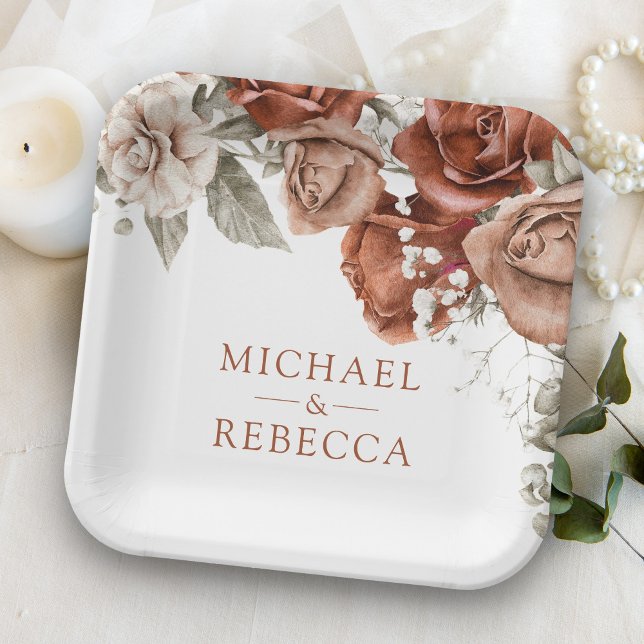 Burnt Orange Rose Terracotta Floral Wedding Pappteller (Von Creator hochgeladen)