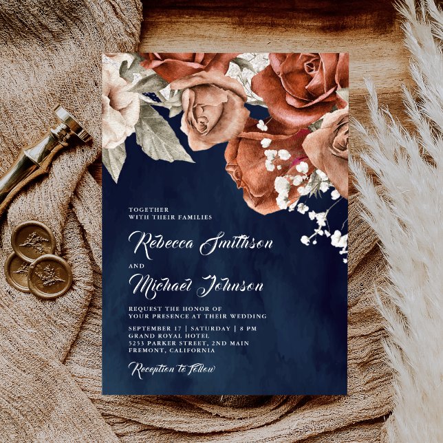 Burnt Orange Roses Terracotta Floral Navy Wedding Einladung (Von Creator hochgeladen)