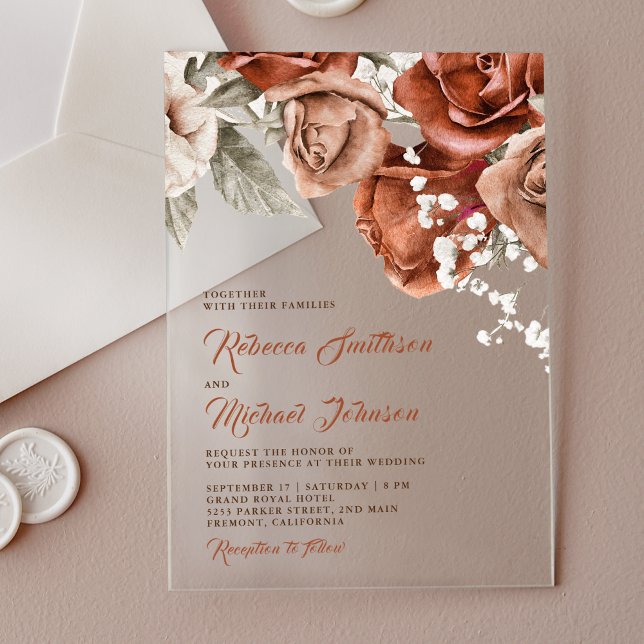 Burnt Orange Roses Terracotta Floral Wedding Acryleinladungen (Von Creator hochgeladen)