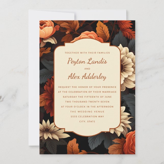 Burnt Orange Rust Cream Fall Floral Wedding Einladung (Vorderseite)