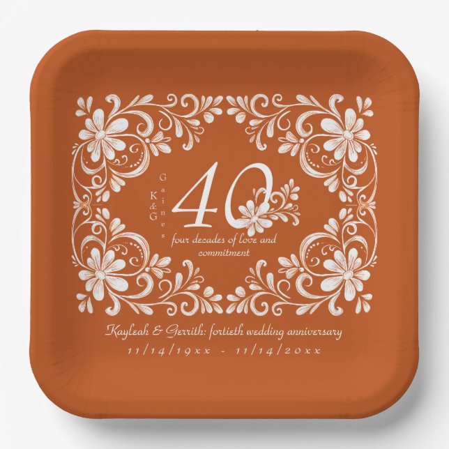 Burnt Orange Shabby Chic 40 Jubiläumsplatte Pappteller (Vorderseite)