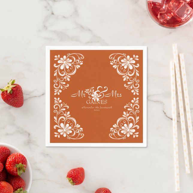 Burnt Orange Shabby Chic Mr & Mrs Wedding Napkin Serviette (Beispiel)