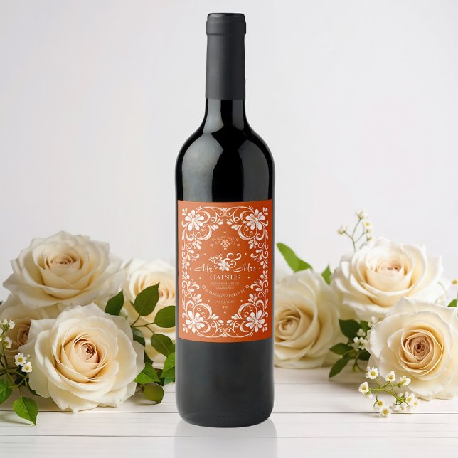 Burnt Orange Shabby Chic Wedding Wine Label Weinetikett (Von Creator hochgeladen)