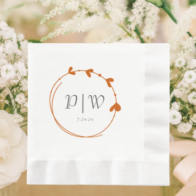 Burnt Orange Simple Heart Wreath Monogram Wedding Serviette (In Situ Wedding)