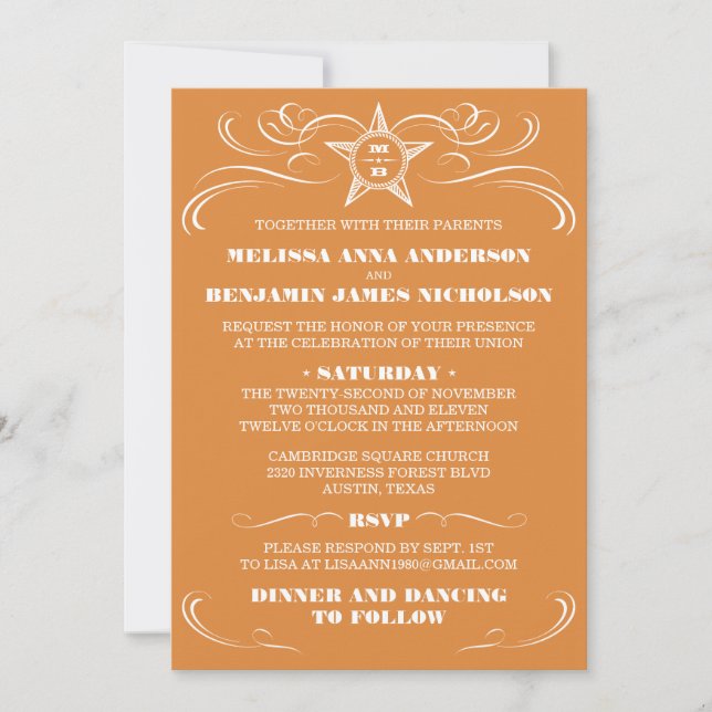 Burnt Orange Southern Style Wedding Einladungen (Vorderseite)