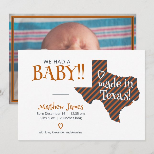 Burnt Orange Striped Made in Texas Foto Baby Ankündigung (Vorne/Hinten)