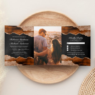 Burnt Orange Terracotta Agate Marble Black Wedding Dreifach Gefaltete Einladung