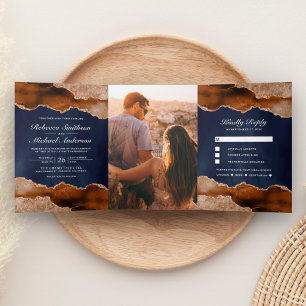 Burnt Orange Terracotta Agate Marble Navy Hochzeit Dreifach Gefaltete Einladung