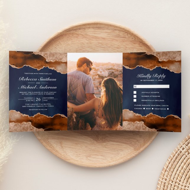 Burnt Orange Terracotta Agate Marble Navy Hochzeit Dreifach Gefaltete Einladung (Von Creator hochgeladen)