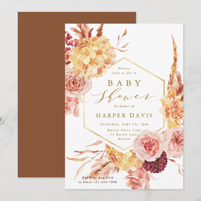 Burnt Orange Terracotta Blume Gold Baby Dusche Einladung (Vorne/Hinten)
