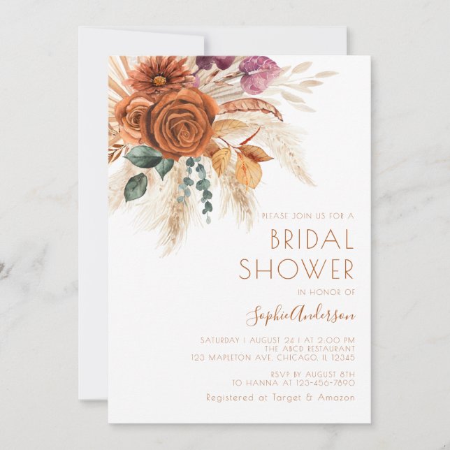 Burnt Orange Terracotta Boho Pampas Grass Wedding  Einladung (Vorderseite)