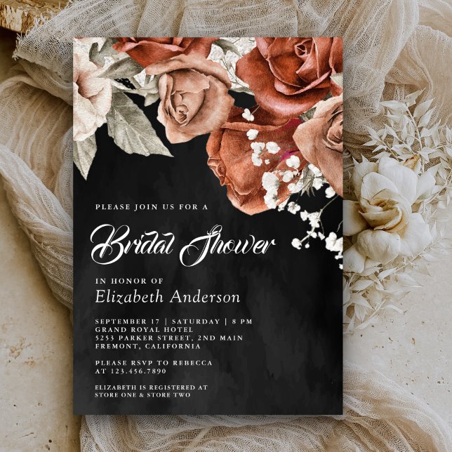Burnt Orange Terracotta Floral Black Brautparty Einladung (Von Creator hochgeladen)