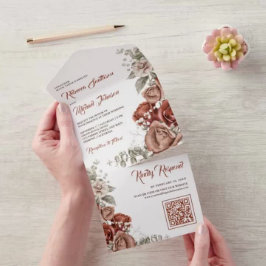 Burnt Orange Terracotta Floral QR Code Wedding All In One Einladung