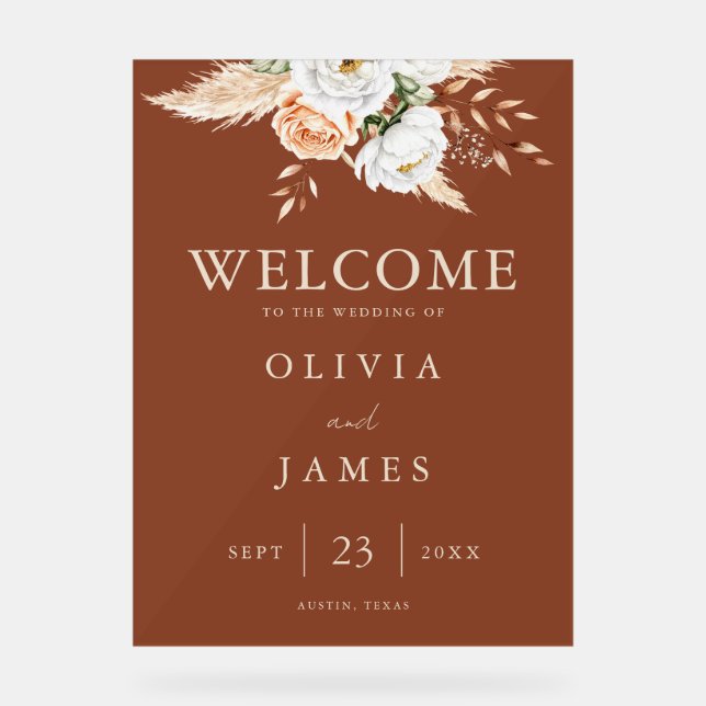 Burnt Orange Terracotta Floral Wedding Willkommen Acrylschild (Vorderseite)