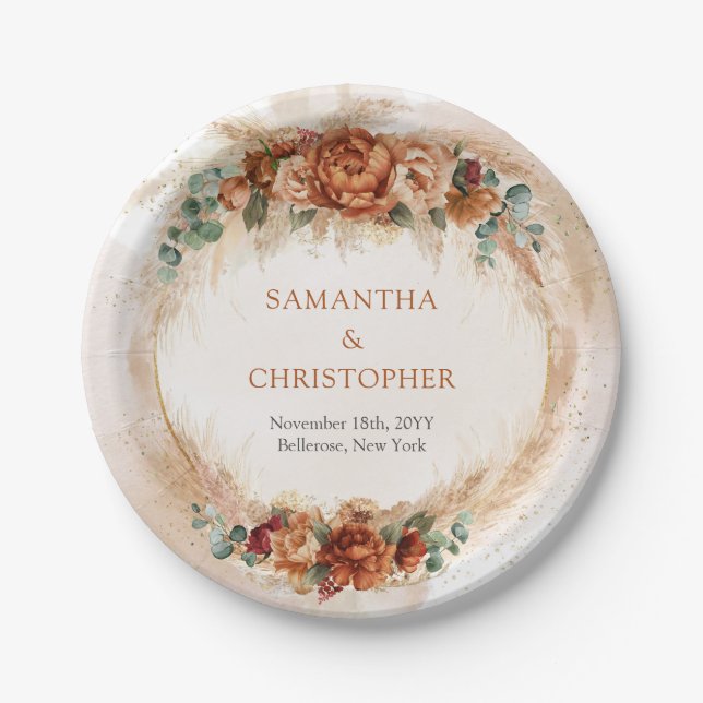 Burnt orange Terracotta und grüne Laubbogen Pappteller (Vorderseite)