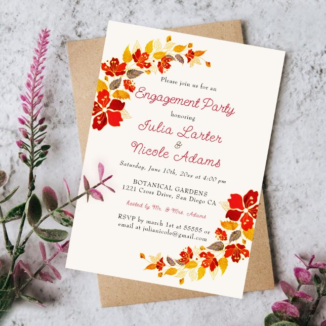 Burnt Orange Tropical Hibiskus Engagement Party Einladung (Von Creator hochgeladen)