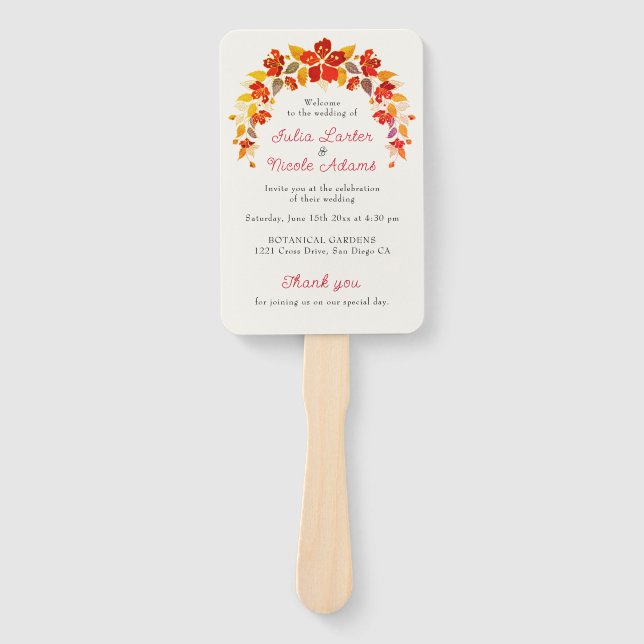 Burnt Orange Tropical Hibiskus Florals Wedding Fächer (Vorderseite)