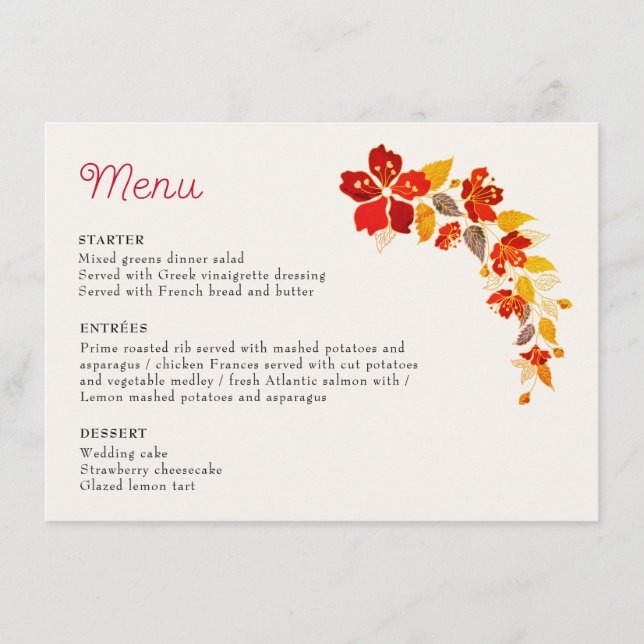 Burnt Orange Tropical Hibiskus Florals Wedding Menükarte (Vorderseite)