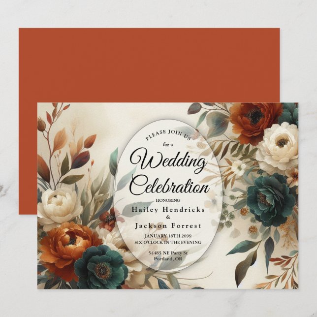 Burnt Orange und Blue Fall Blume Hochzeit Einladung (Vorne/Hinten)
