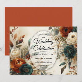 Burnt Orange und Blue Fall Blume Hochzeit Einladung