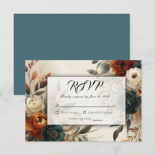 Burnt Orange und Blue Fall Blume Hochzeit RSVP Karte (Vorne/Hinten)