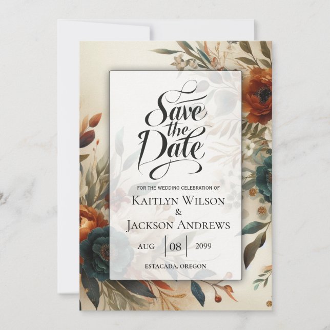 Burnt Orange und Blue Fall Blume Hochzeit Save The Date (Vorderseite)