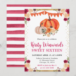 Burnt Orange und Red Floral Pumpkins Fall Sweet 16 Einladung