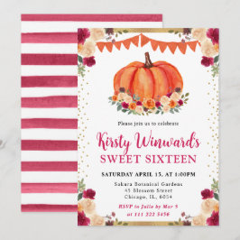 Burnt Orange und Red Floral Pumpkins Fall Sweet 16 Einladung
