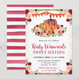 Burnt Orange und Red Floral Pumpkins Fall Sweet 16 Einladung